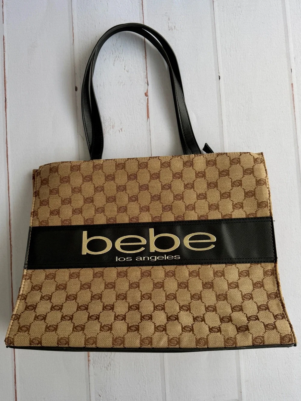 Bebe Los Angeles Monogram Logo Tote Bag Beige Black Large